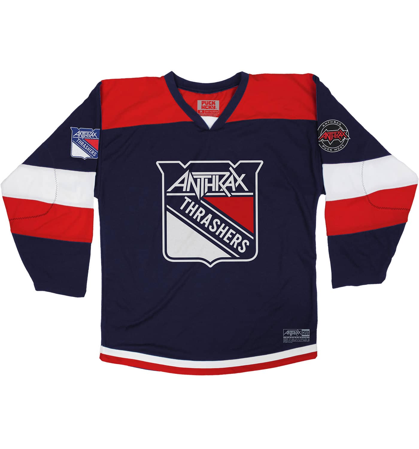 ANTHRAX 'METAL THRASHING MAD' hockey jersey in navy, red, and white front view