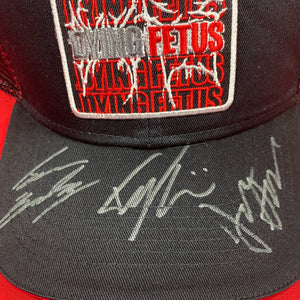 DYING FETUS 'DOUBLE LOGO' limited edition autographed double mesh snapback hockey cap in black and red close up