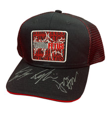 DYING FETUS 'DOUBLE LOGO' limited edition autographed double mesh snapback hockey cap in black and red front view