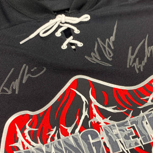 DYING FETUS 'DOUBLE LOGO' limited edition autographed deluxe hockey jersey in black, white, and red close up