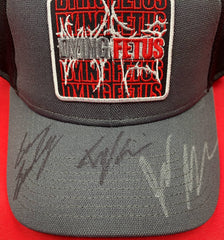 DYING FETUS 'DOUBLE LOGO' limited edition autographed mesh back hockey cap in iron grey and black close up