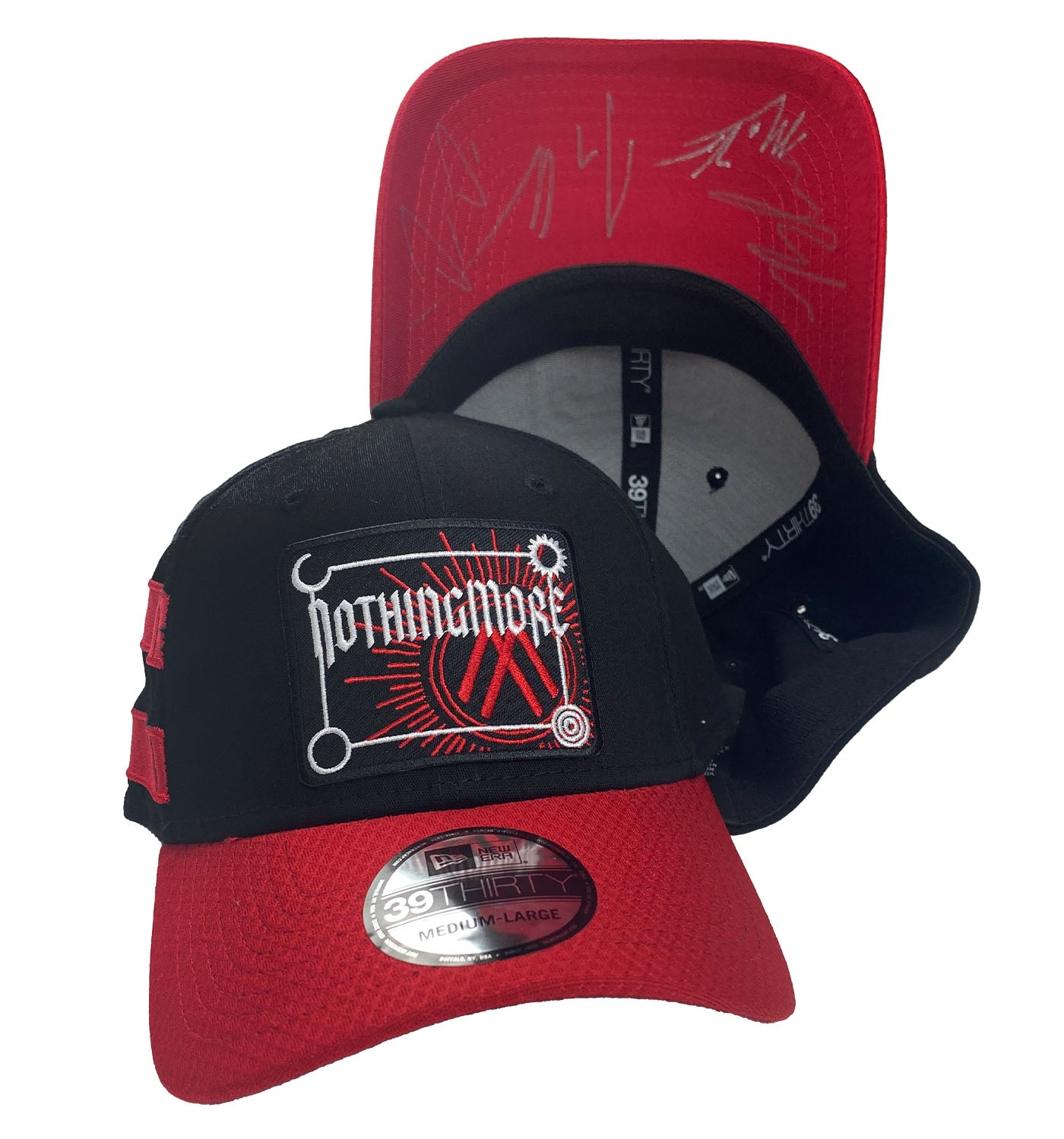 NOTHING MORE 'NEVERLAND' limited edition, autographed stretch fit hockey cap in black with red brim and red stripes