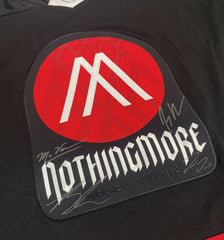 NOTHING MORE 'VALHALLA' limited edition, autographed deluxe hockey jersey in black, red, and white front view close up