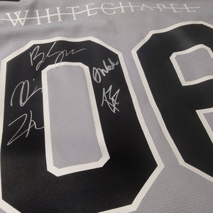 WHITECHAPEL 'MARK OF THE SKATE BLADE' limited edition autographed hockey jersey in grey, black, and white back view