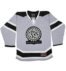 WHITECHAPEL 'MARK OF THE SKATE BLADE' limited edition autographed hockey jersey in grey, black, and white front view