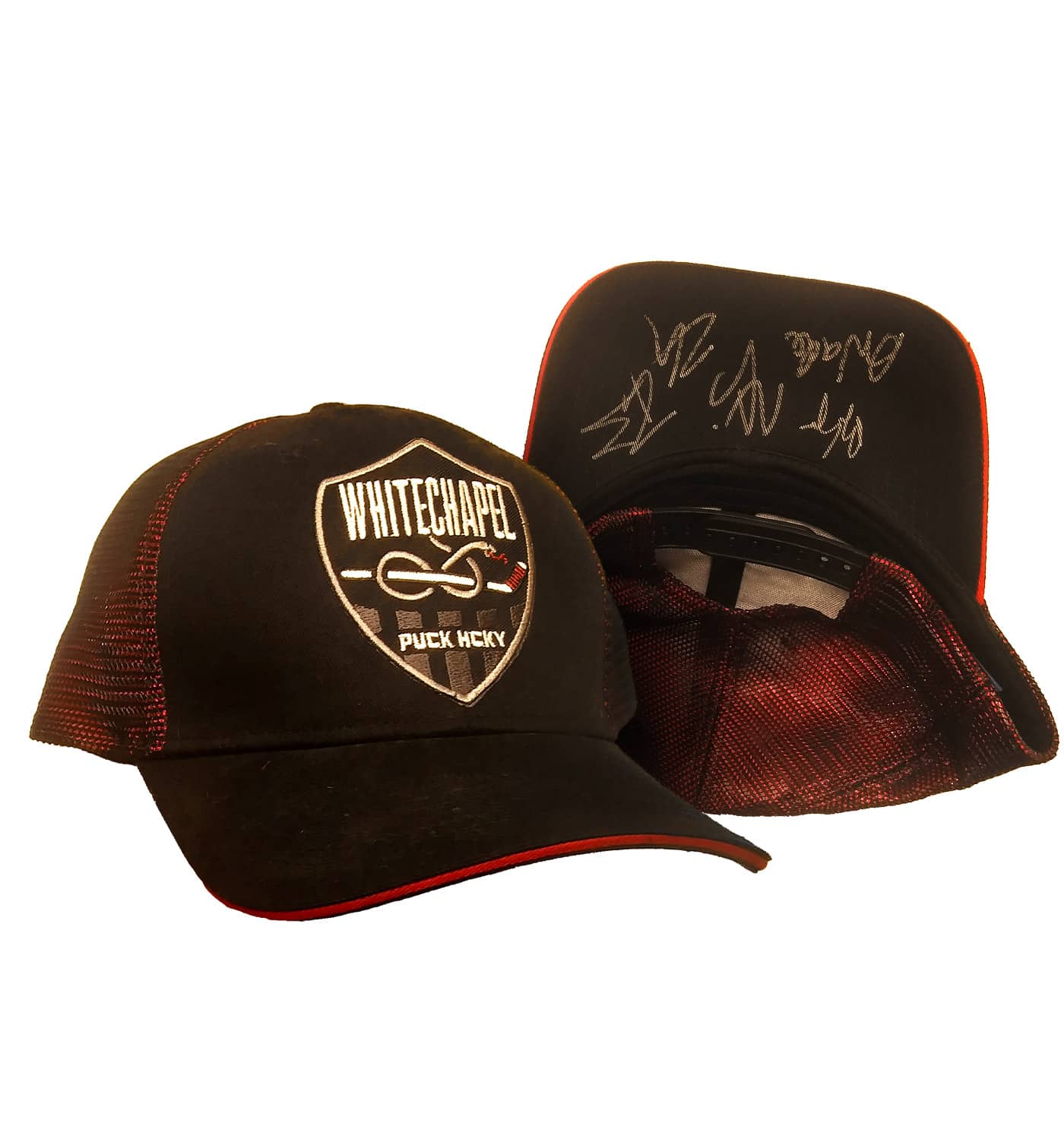 WHITECHAPEL 'PUCKIN VENOMOUS' limited edition autographed double mesh snapback hockey cap in black and red