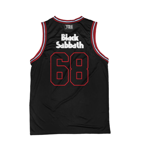 BLACK SABBATH 'IRON MAN' sleeveless basketball jersey in black, red, and white back view