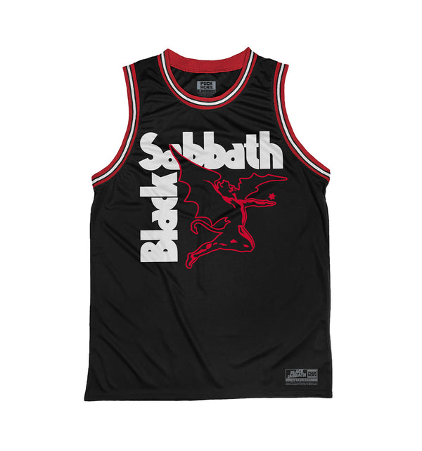 BLACK SABBATH 'IRON MAN' sleeveless basketball jersey in black, red, and white front view