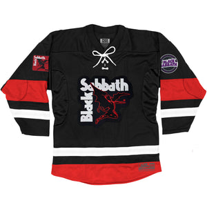 BLACK SABBATH ‘IRON MAN’ deluxe hockey jersey in black, white, and red front view