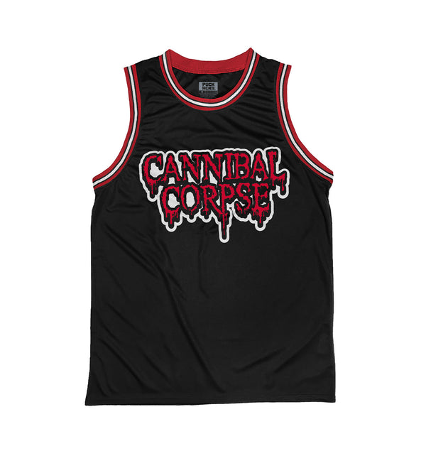 CANNIBAL CORPSE 'HOCKEY CLUB' sleeveless basketball jersey in black, red, and white front view
