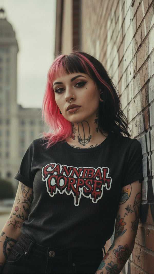 CANNIBAL CORPSE 'HOCKEY CLUB' women's short sleeve hockey t-shirt in black on model