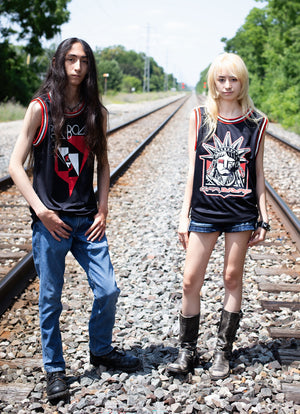Car Bomb x PUCK HCKY basketball jerseys on models