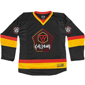 Car Bomb 'Triangles' deluxe hockey jersey in black, red, and gold front view
