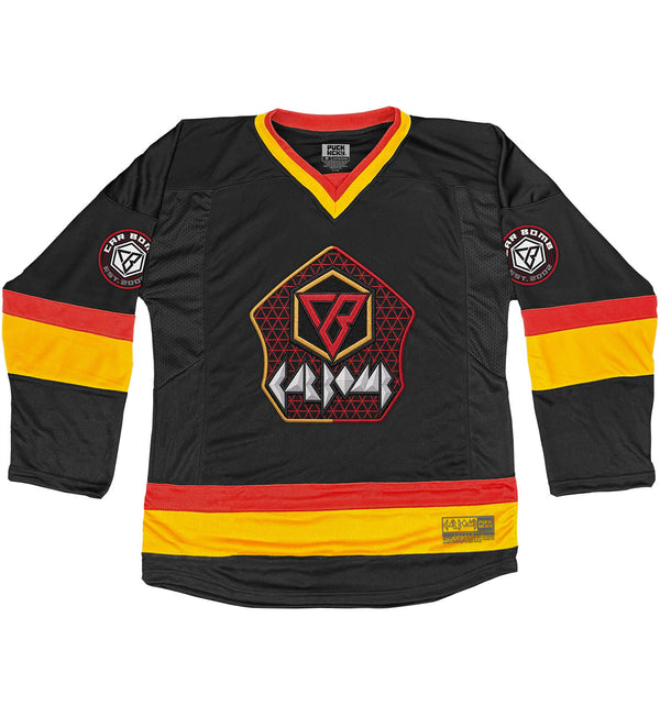Car Bomb 'Triangles' deluxe hockey jersey in black, red, and gold front view