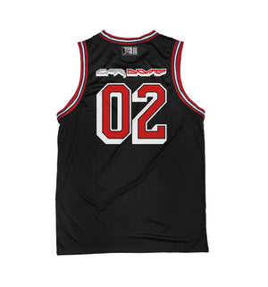 Car Bomb 'Liberty' sleeveless basketball jersey in black, red, and white back view