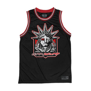 Car Bomb 'Liberty' sleeveless basketball jersey in black, red, and white front view