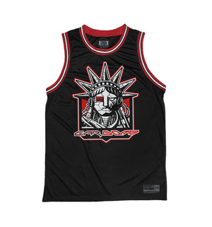 Car Bomb 'Liberty' sleeveless basketball jersey in black, red, and white front view