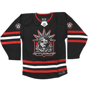 Car Bomb 'Liberty' hockey jersey in black, red, and white front view