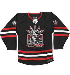 Car Bomb 'Liberty' hockey jersey in black, red, and white front view
