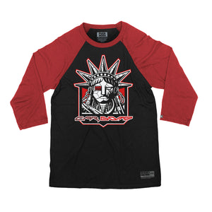 Car Bomb ‘Liberty’ hockey raglan t-shirt in black with red sleeves front view