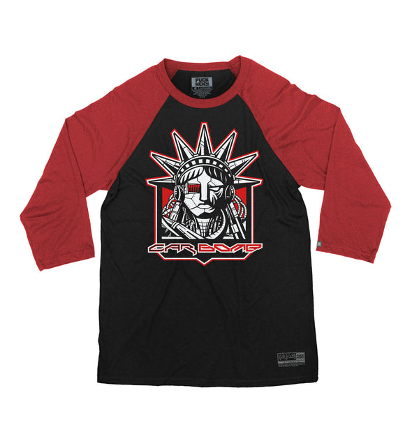 Car Bomb ‘Liberty’ hockey raglan t-shirt in black with red sleeves front view