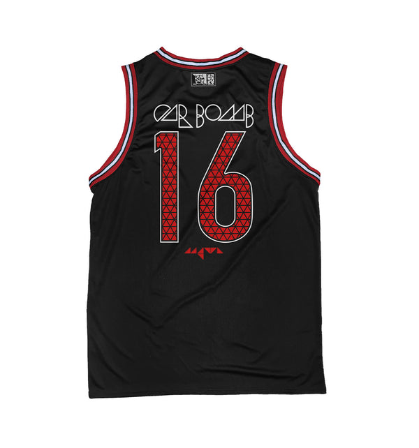 Car Bomb 'Meta' sleeveless basketball jersey in black, red, and white back view