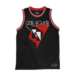 Car Bomb 'Meta' sleeveless basketball jersey in black, red, and white front view