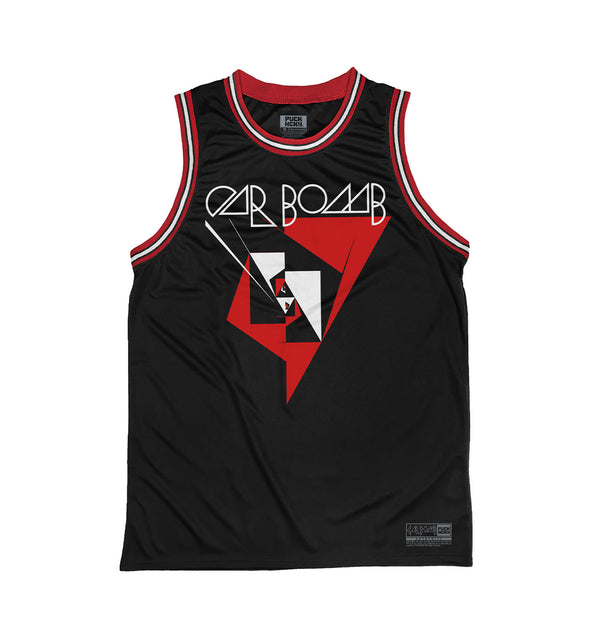 Car Bomb 'Meta' sleeveless basketball jersey in black, red, and white front view