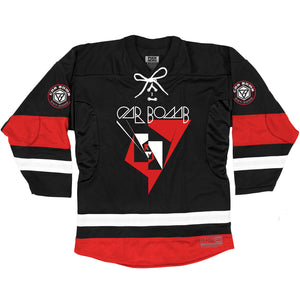 Car Bomb 'Meta' hockey jersey in black, white, and red front view