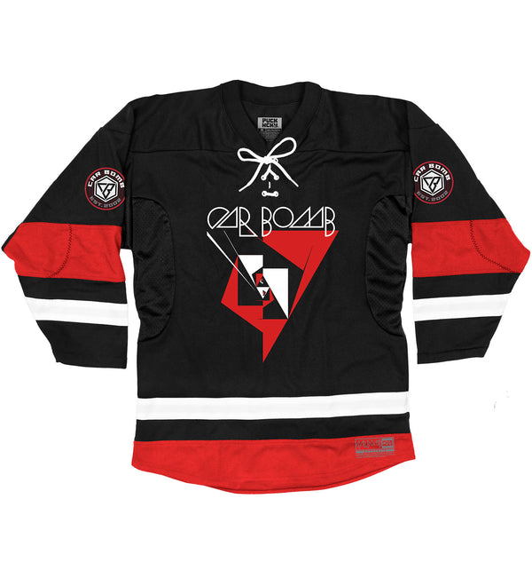 Car Bomb 'Meta' hockey jersey in black, white, and red front view