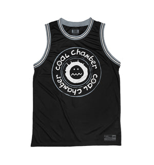 COAL CHAMBER 'LOCO' basketball jersey in black, grey, and white front view