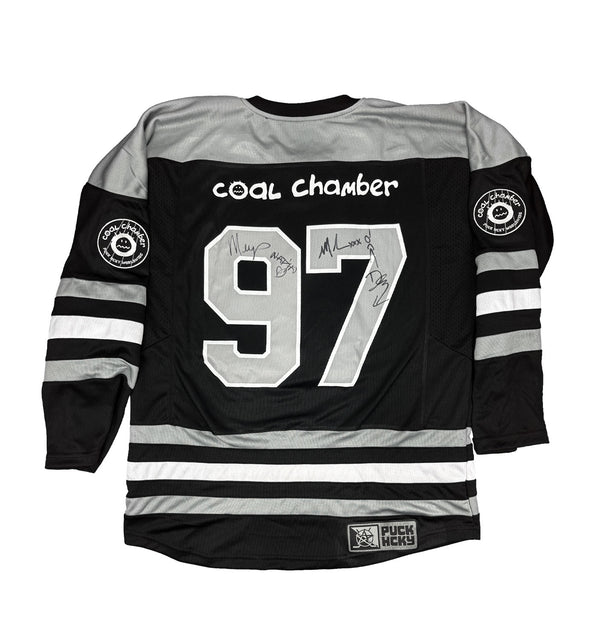 Coal Chamber 'Loco' deluxe hockey jersey in black, grey, and white AUTOGRAPHED back view