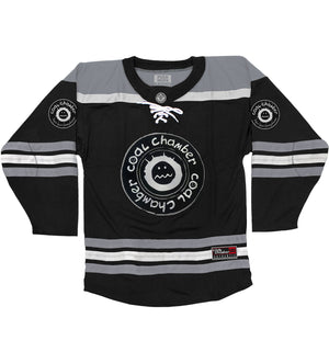 Coal Chamber 'Loco' deluxe hockey jersey in black, grey, and white AUTOGRAPHED front view