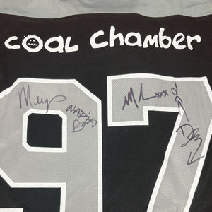 Coal Chamber 'Loco' deluxe hockey jersey in black, grey, and white AUTOGRAPHED close up back view