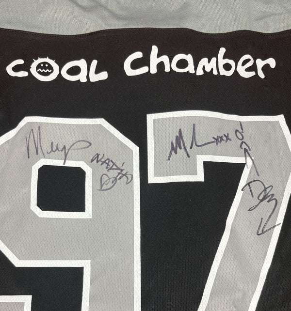 Coal Chamber 'Loco' deluxe hockey jersey in black, grey, and white AUTOGRAPHED close up back view