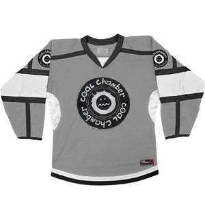 COAL CHAMBER 'LOCO' deluxe hockey jersey in grey, black, and white front view