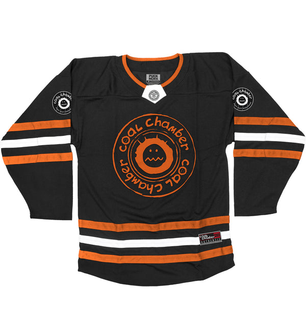 COAL CHAMBER ‘LOCO’ hockey jersey in black and orange front view