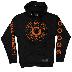 COAL CHAMBER 'LOCO' pullover hockey hoodie in black with orange print front view