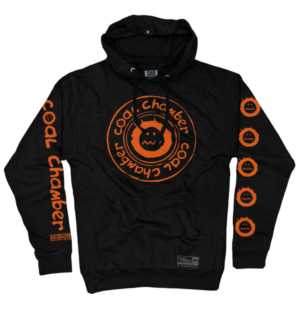 COAL CHAMBER 'LOCO' pullover hockey hoodie in black with orange print front view