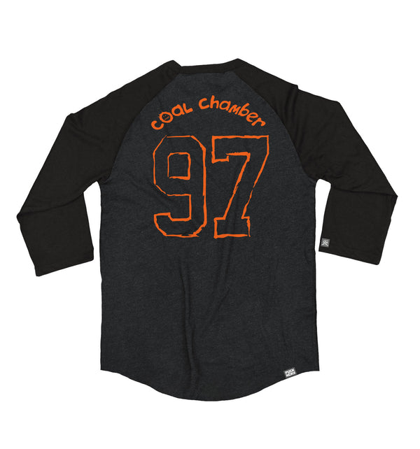 COAL CHAMBER 'LOCO' hockey raglan in graphite heather with black sleeves and orange print back view