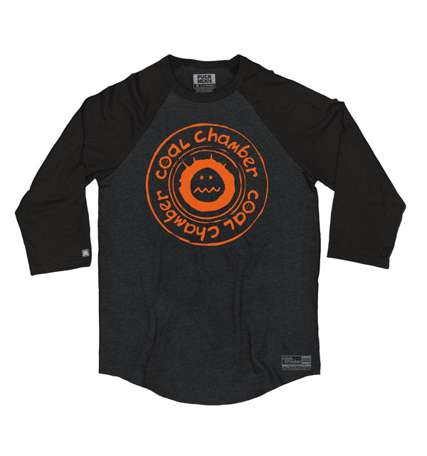 COAL CHAMBER 'LOCO' hockey raglan in graphite heather with black sleeves and orange print front view