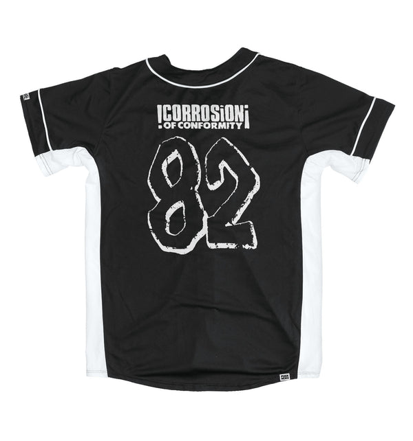 CORROSION OF CONFORMITY 'SKULL' short sleeve baseball jersey in black and white back view