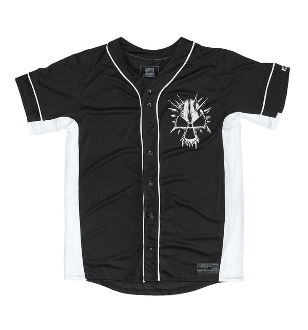 CORROSION OF CONFORMITY 'SKULL' short sleeve baseball jersey in black and white front view