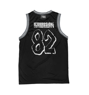CORROSION OF CONFORMITY 'SKULL' sleeveless basketball jersey in black, grey, and white back view