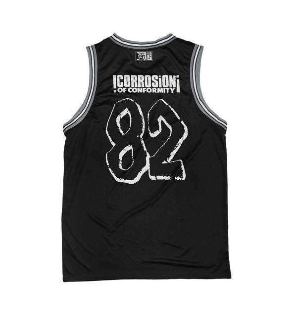 CORROSION OF CONFORMITY 'SKULL' sleeveless basketball jersey in black, grey, and white back view