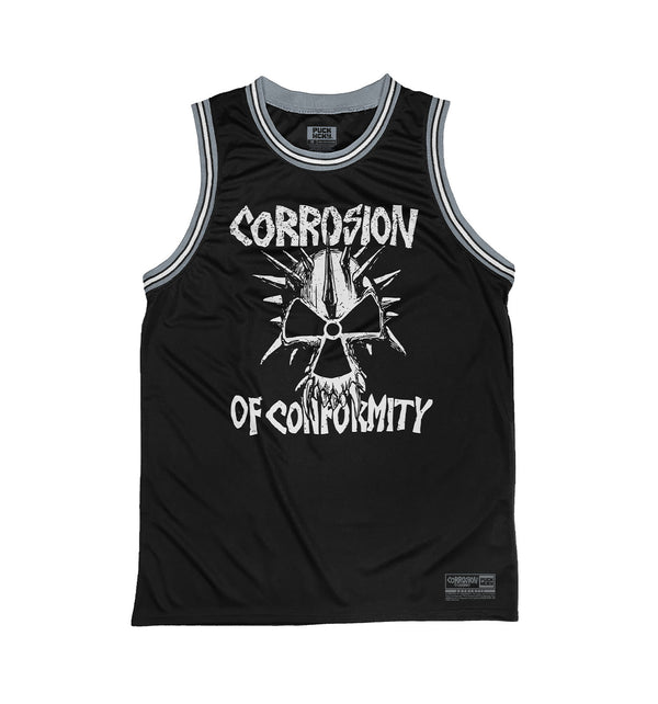 CORROSION OF CONFORMITY 'SKULL' sleeveless basketball jersey in black, grey, and white front view