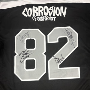 Corrosion of Conformity 'Skull' deluxe hockey jersey in black, grey, and white AUTOGRAPHED back view