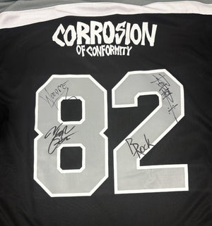 Corrosion of Conformity 'Skull' deluxe hockey jersey in black, grey, and white AUTOGRAPHED back view