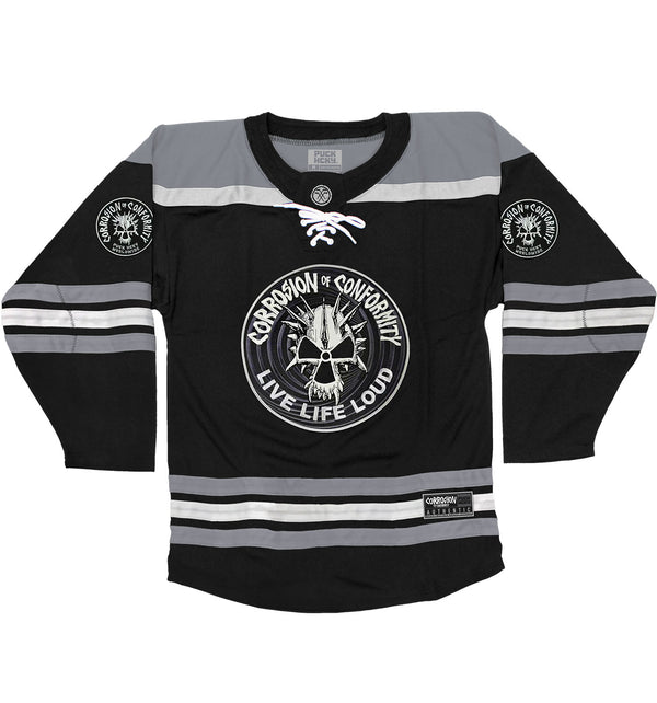 CORROSION OF CONFORMITY 'SKULL' deluxe hockey jersey in black, grey, and white front view