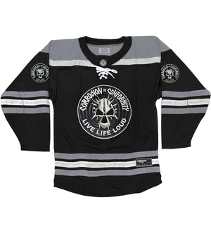 Corrosion of Conformity 'Skull' deluxe hockey jersey in black, grey, and white AUTOGRAPHED front view